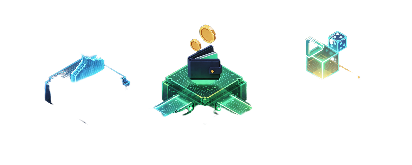 Tre neonplatforme forbundet af lysende veje: profil-silhuet, crypto-wallet med guldm&oslash;nter og en play-terning