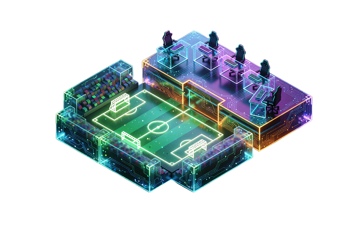 Delt isometrisk arena med gr&oslash;n fodboldbane og esport-scene med fem glasskriveborde under violet og cyan lys